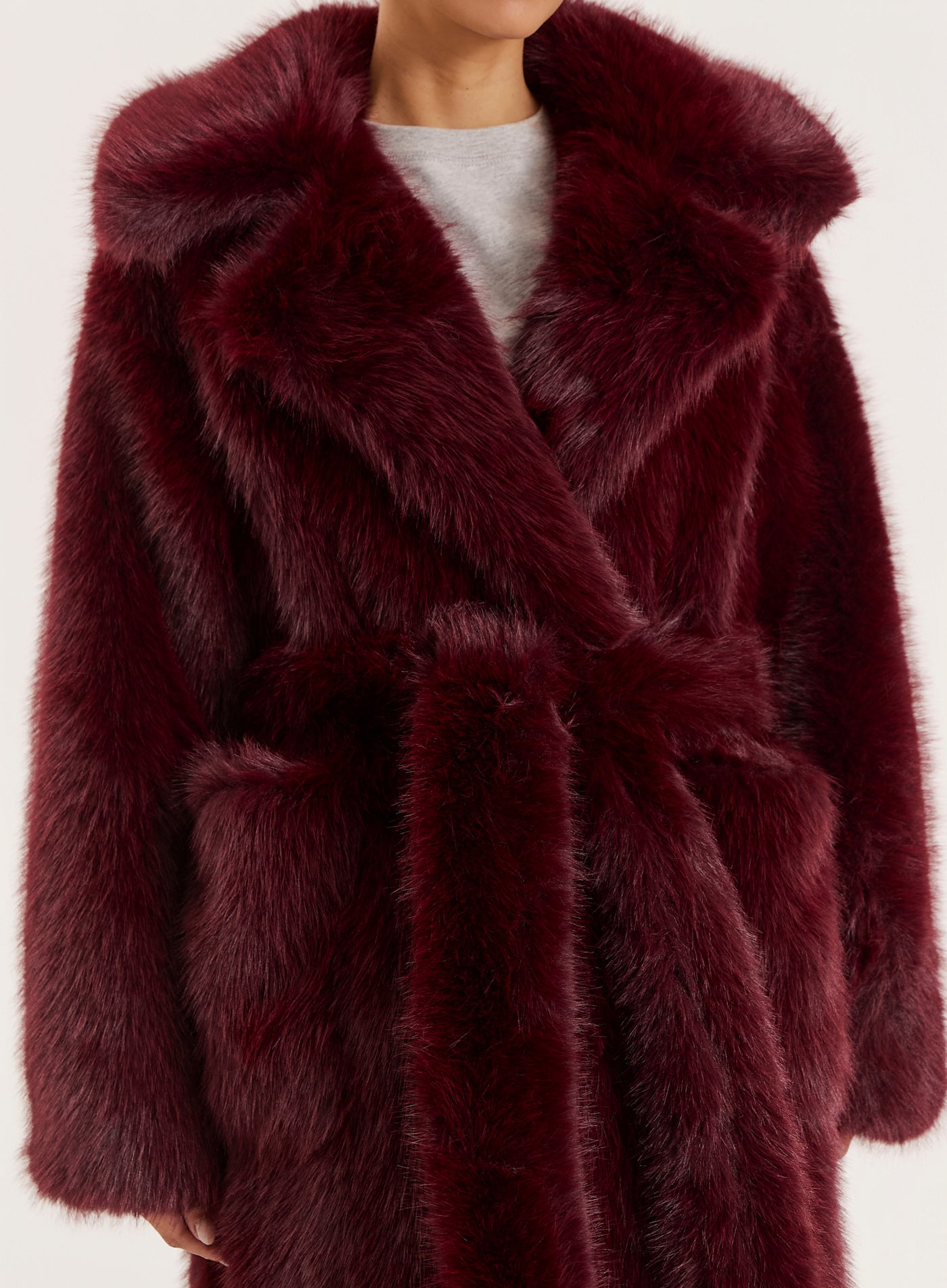 Burgundy Faux Fur Belted Longline Coat